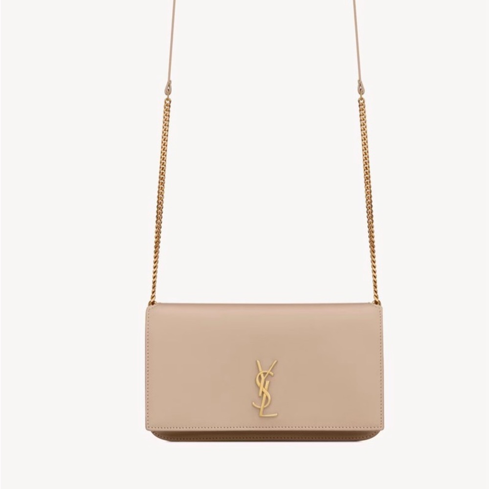 Saint Laurent Tan Clutch with Gold Chain